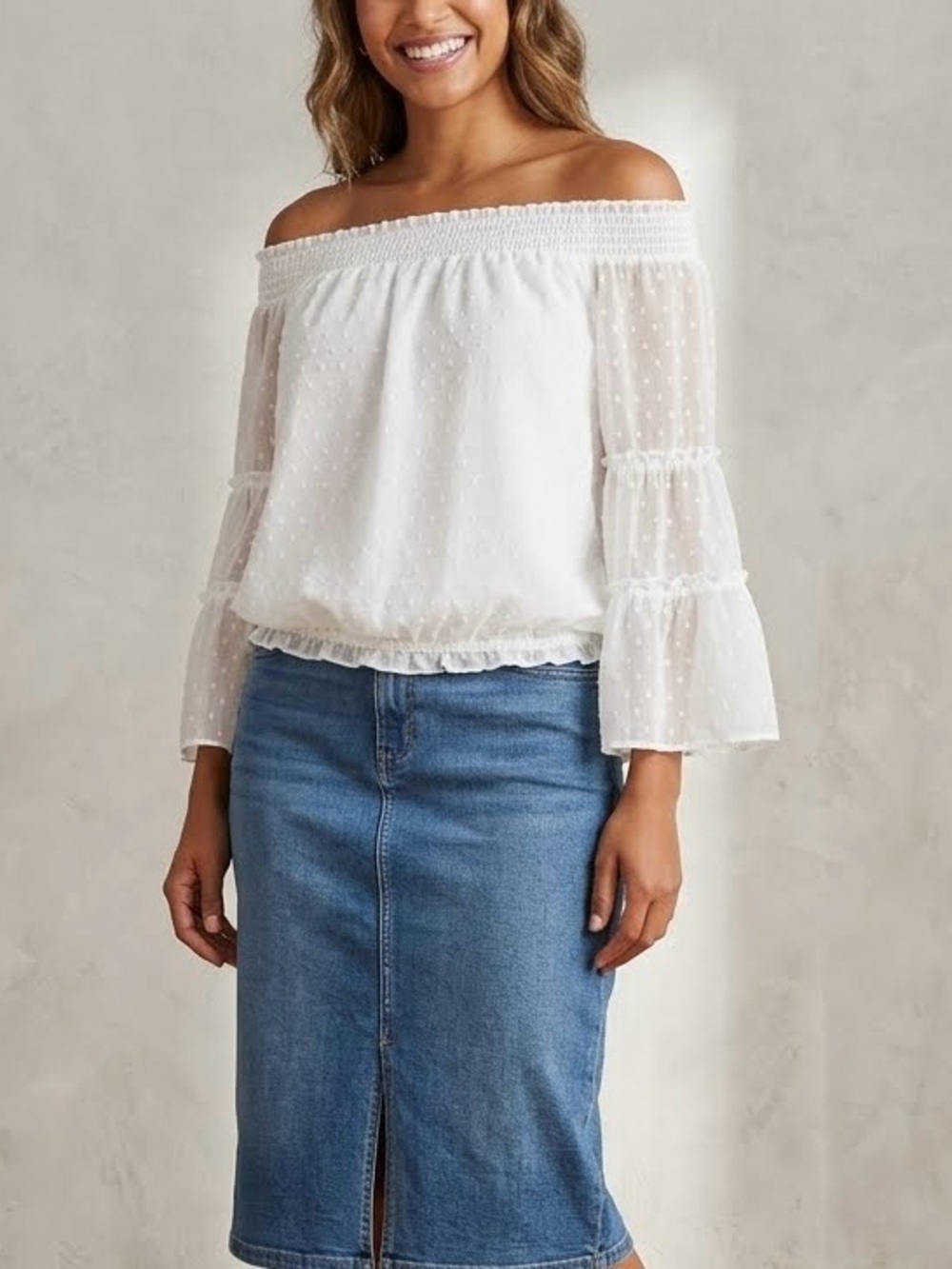 HL Affair Off the Shoulder Boho Peasant Blouson Top, White Swiss Dot Size M, NWT